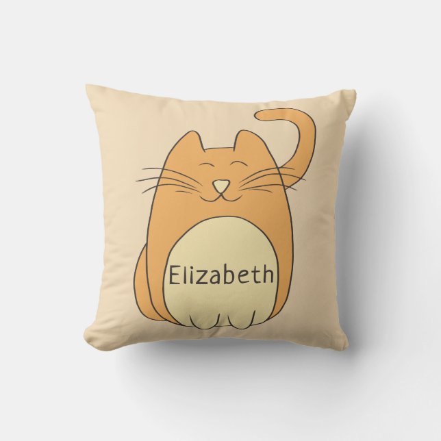 Cute Cartoon Cat Add Name | Beige Throw Pillow (Front)