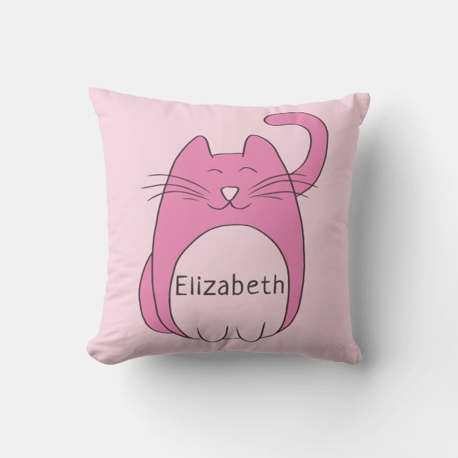 Cute Cartoon Cat Add Name | Pink Throw Pillow (Front)
