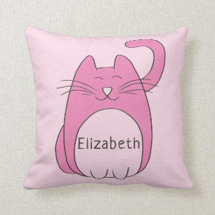Cute Cartoon Cat Add Name Pink Throw Pillow