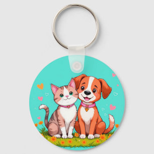 Cute Cartoon Cat and Dog Sitting Together Keychain