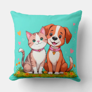 Cute Cartoon Cat and Dog Sitting Together Throw Pillow