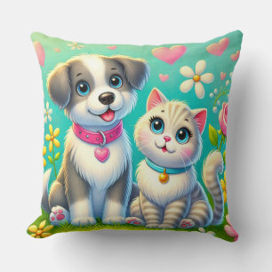 Cute Cartoon Cat and Dog Sitting Together Throw Pillow