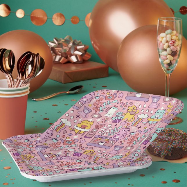 Cute Cartoon Cat Collection On Pink Paper Plate (Multi)