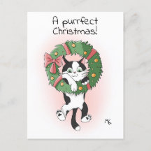 Cute Cartoon Cat Dangling from a Christmas Wreath