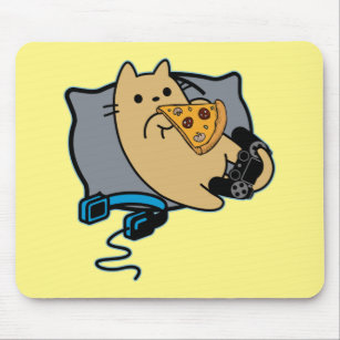 Cute Cartoon Cat Eating Pizza Slice Mouse Pad