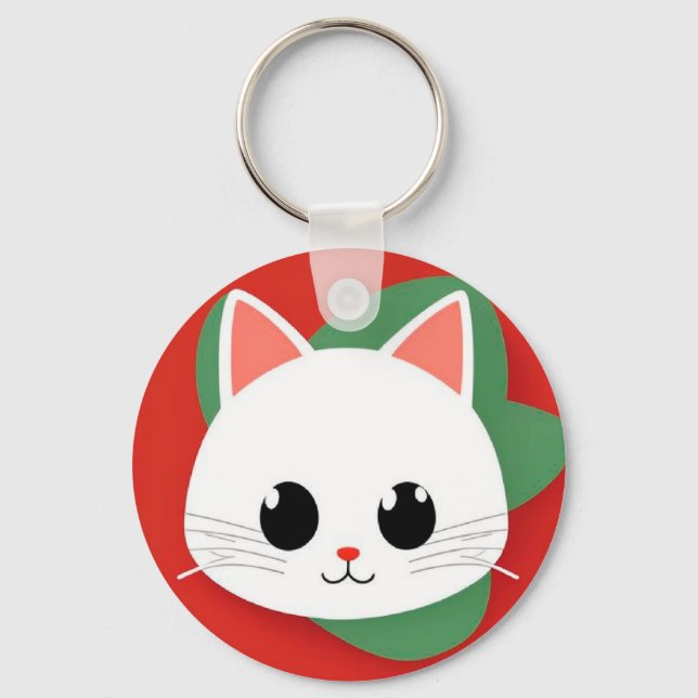 Cute Cartoon Cat Face With Bold Graphic Design Keychain (Front)