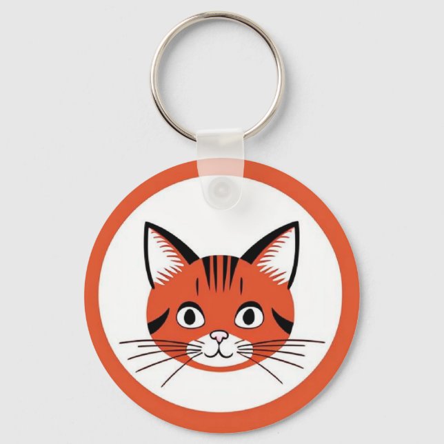 Cute Cartoon Cat Face With Bold Graphic Design Keychain (Front)