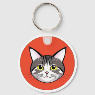 Cute Cartoon Cat Face With Bold Graphic Design Keychain