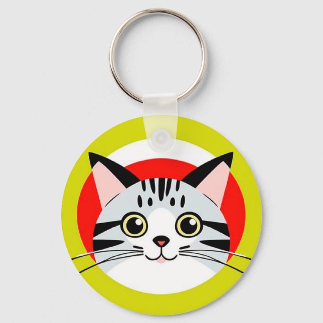 Cute Cartoon Cat Face With Bold Graphic Design Keychain (Front)