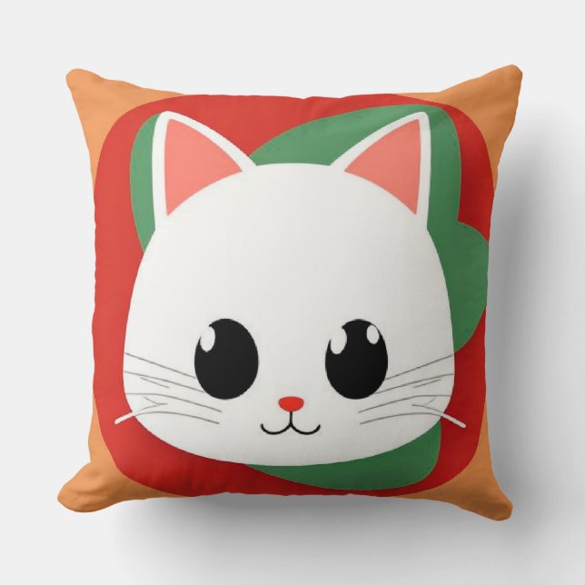 Cute Cartoon Cat Face With Bold Graphic Design Throw Pillow (Front)