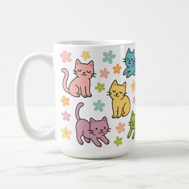 Cute Cartoon Cat & Flower Mug – Spring Pastel  (Left)
