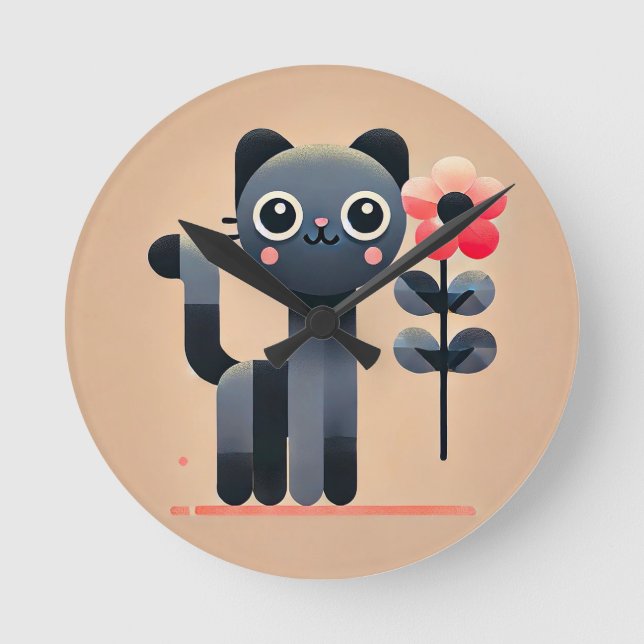 Cute Cartoon Cat Holding a Flower Round Clock (Front)