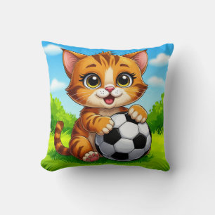 Cute Cartoon Cat Holding Soccer Ball Throw Pillow