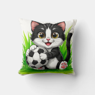 Cute Cartoon Cat Holding Soccer Ball Throw Pillow