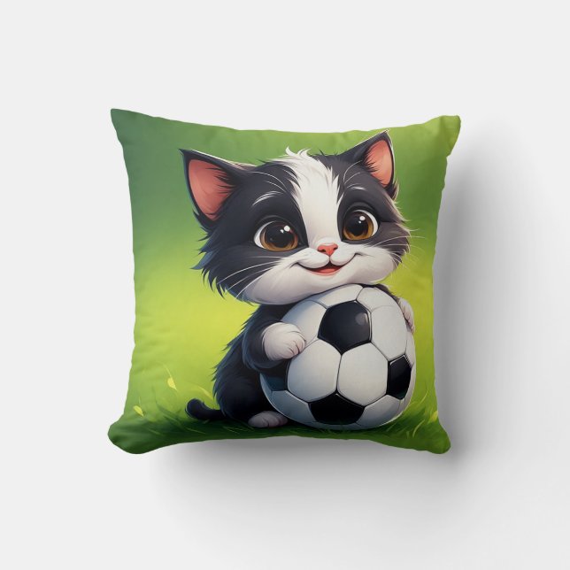 Cute Cartoon Cat Holding Soccer Ball Throw Pillow (Front)