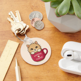 Cute Cartoon Cat in Coffee Mug Custom Text Keychain