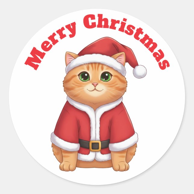 Cute Cartoon Cat in Santa Suit - Merry Christmas  Classic Round Sticker (Front)