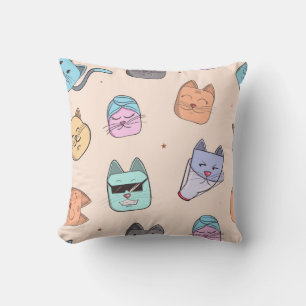 Cute Cartoon Cat Kitty Faces Pattern Patterns Pa Throw Pillow