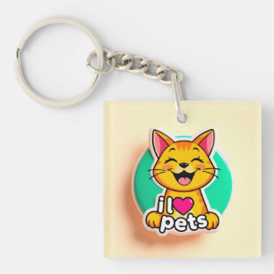 Cute Cartoon Cat Logo with Text Promoting Love Keychain