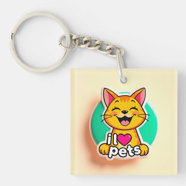 Cute Cartoon Cat Logo with Text Promoting Love Keychain (Front)