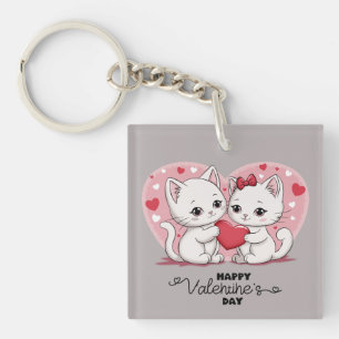 Cute Cartoon Cat Lovers Hearts Valentine’s Day Keychain