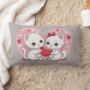 Cute Cartoon Cat Lovers Hearts Valentine’s Day Lumbar Pillow