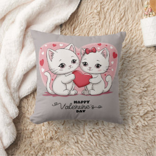 Cute Cartoon Cat Lovers Hearts Valentine’s Day Throw Pillow
