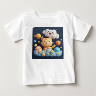 Cute Cartoon Cat On Cloud With Party Hat Baby T-Shirt
