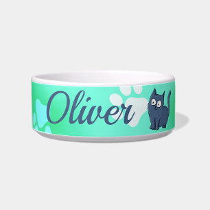 Cute Cartoon Cat on Green Pawprint Bowl