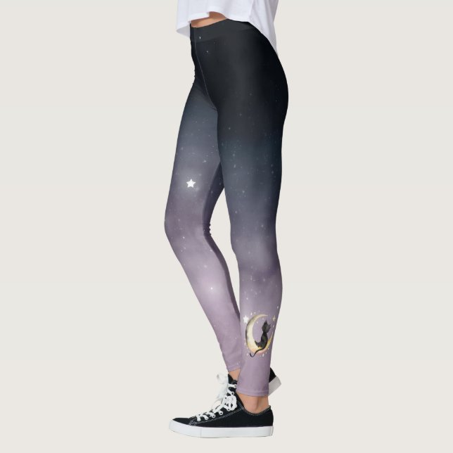 Cute Cartoon Cat on Moon Leggings (Left)