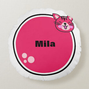 Cute Cartoon Cat Pink Circular Shape Round Pillow