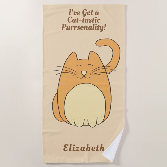 Cute Cartoon Cat Pun Add Name Beach Towel (Front)