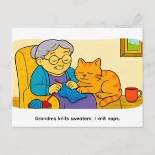 Cute Cartoon Cat Resting on Knitting Grandma Postcard