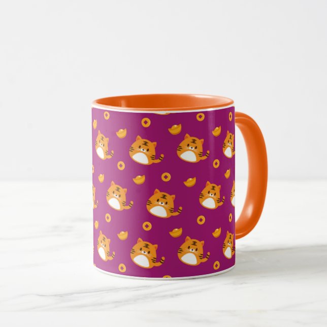Cute Cartoon Cat Seamless Pattern | Kawaii Orange  Mug (Front Right)
