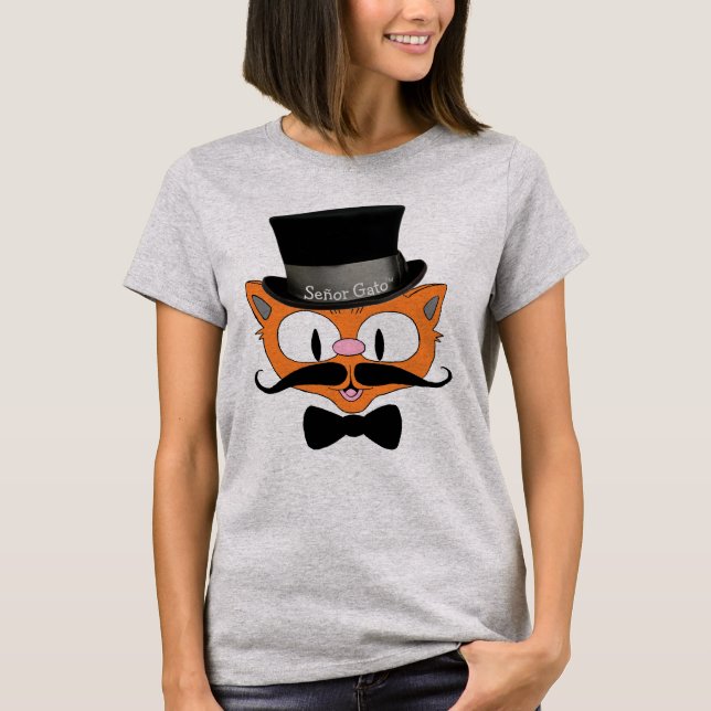 Cute Cartoon Cat Señor Gato Handlebar Moustache T-Shirt (Front)