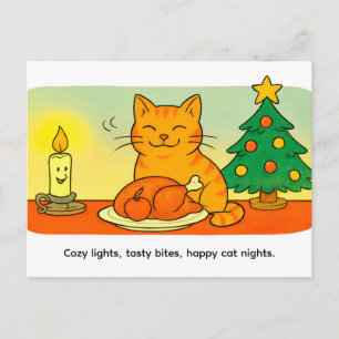Cute Cartoon Cat Sitting by Christmas Candle Postcard