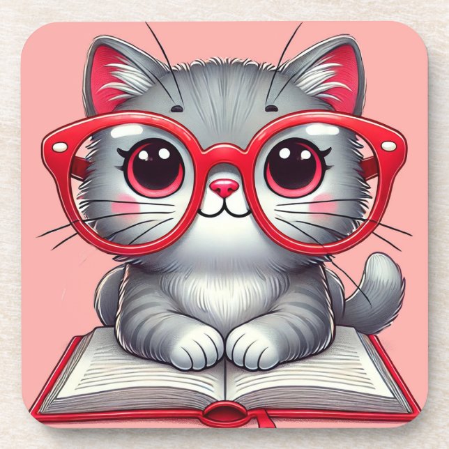Cute Cartoon Cat Wearing Glasses Coaster (Front)