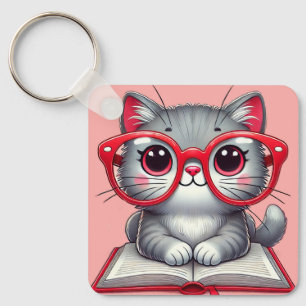 Cute Cartoon Cat Wearing Glasses Keychain