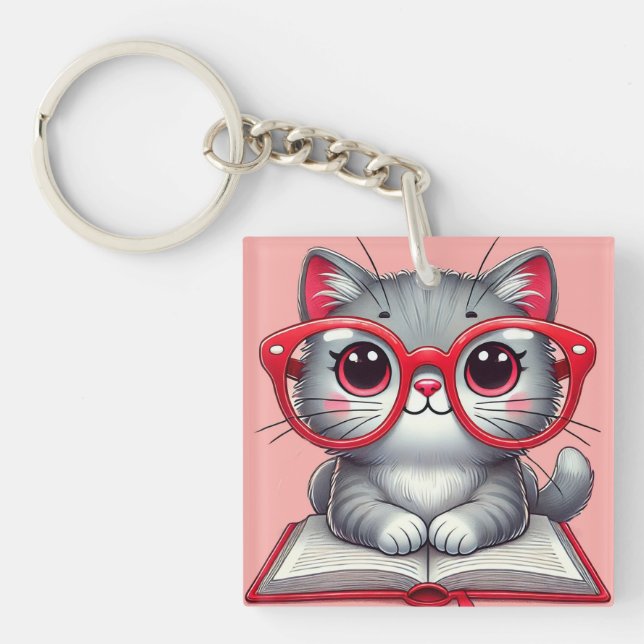 Cute Cartoon Cat Wearing Glasses Keychain (Front)