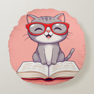Cute Cartoon Cat Wearing Glasses Round Pillow