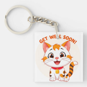 Cute Cartoon Cat Wishing 'Get Well Soon' Keychain