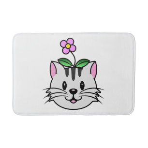 Cute Cartoon Cat with a Flower on Its Head Bath Mat