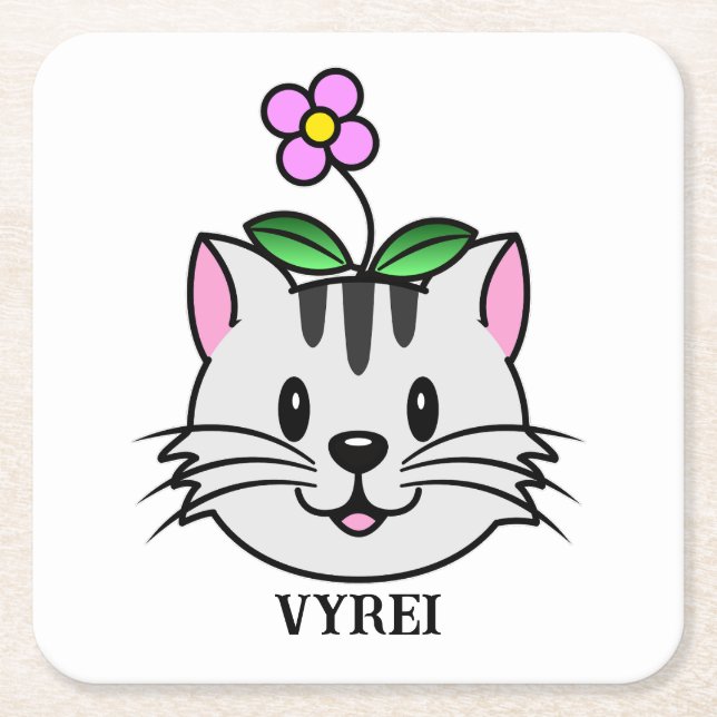 Cute Cartoon Cat with a Flower on Its Head Square Paper Coaster (Front)