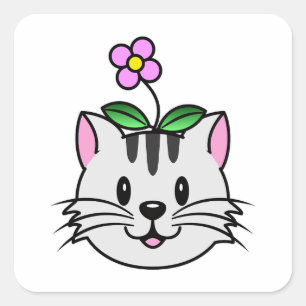 Cute Cartoon Cat with a Flower on Its Head Square Sticker