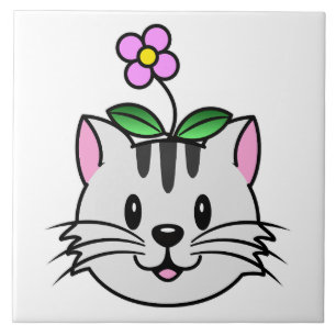 Cute Cartoon Cat with a Flower on Its Head Tile