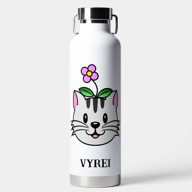 Cute Cartoon Cat with a Flower on Its Head Water Bottle (Front)