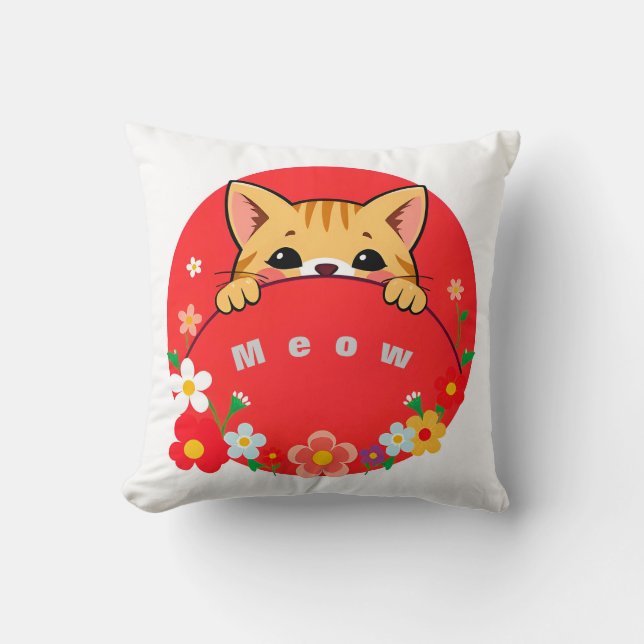 Cute Cartoon Cat with Bright Colours Throw Pillow (Front)