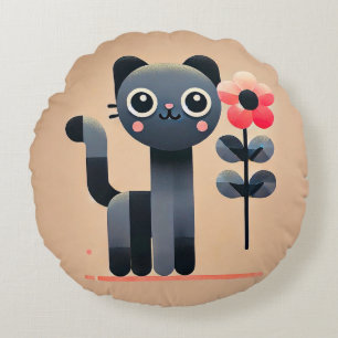 Cute Cartoon Cat With Flower Happy Animal Style 🐱 Round Pillow