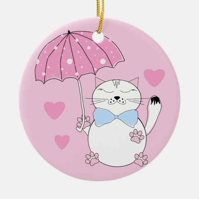 Cute cartoon cat with umbrella ceramic ornament (Front)