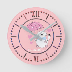 Cute cartoon cat with umbrella round clock